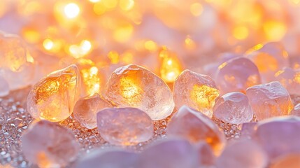 Arrangement of polished gemstones and crystals with warm glowing light and bokeh effect