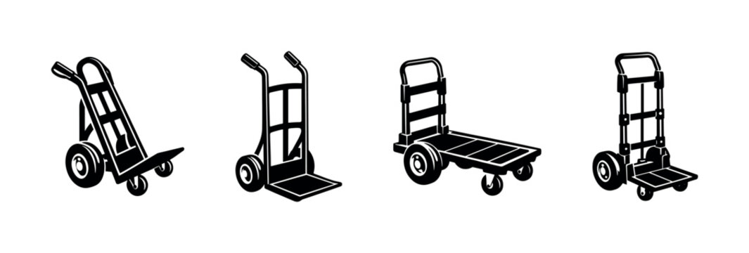 Hand truck vector icons set: dolly cart, trolley symbols, pushcart designs