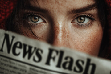 Woman hiding her gaze behind a newspaper in a cozy, intimate setting
