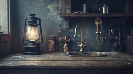 Antique brass sink fittings and a vintage lantern on a weathered wooden counter with a distressed wall in a dimly lit room