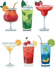 cocktails with fruit garnishes in various glass styles for mixology visuals, party design, and beverage branding conten © Hasem Creative