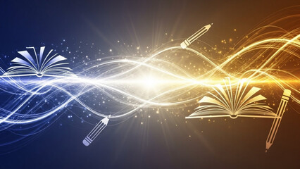 Inspirational books and pencils with glowing light beam