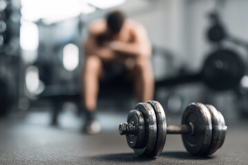 Testosterone level drop can affect muscle strength and motivation as seen in gym setting with dumbbell and tired man sitting on bench