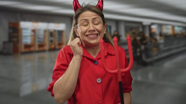 Woman holds red trident and wears devil horns in busy bustling airport terminal; impish playfulness.