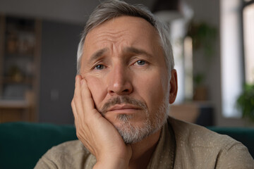 Testosterone level drop can cause sad expression in middle aged man with gray hair and beard sitting indoors showing concern and fatigue