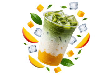 iced mango matcha latte in a takeaway cup in mid-ar with floating ice and fresh fruit