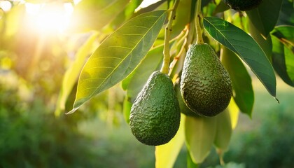 close up of ripe avocados hanging on tree branches with sunlight filtering through green leaves