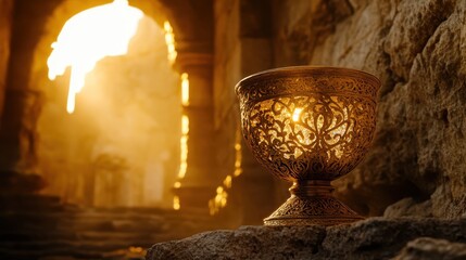 An ornate golden chalice with intricate engravings rests on a stone surface bathed in warm sunlight within an ancient architectural setting