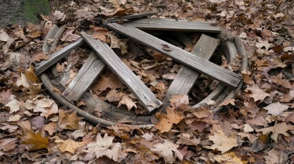 An overturned and broken wooden cartwheel with shattered spokes lies amongst fallen autumn leaves on the ground