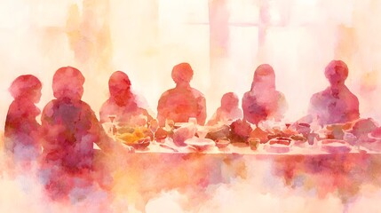 Festive Christmas dinner watercolor illustration family reunion evening celebration home interior art