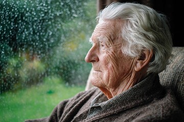 Elderly man looking out at rain from a cozy living room