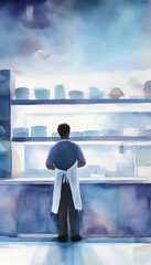 Watercolor Illustration of a Store Employee Showing Pride in Small Business Environment