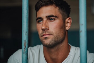 Man looks thoughtful while sitting behind bars