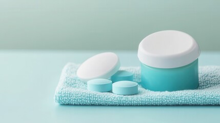 Aqua blue container and white cap with cleansing tablets and towel arranged on a soft blue background for health and wellness