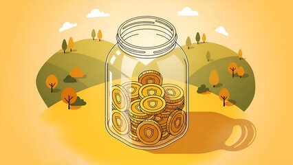 Gold coins accumulate securely within jar in idyllic landscape representing investment protection.