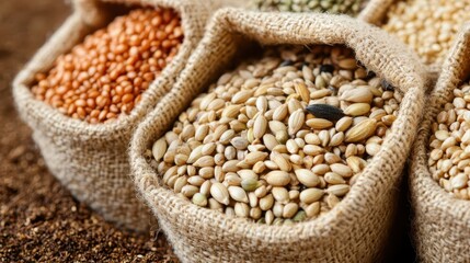 Obraz premium Assorted agricultural seeds contained in rustic burlap sacks for planting and future harvests