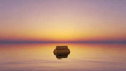Gold stacks float across water reflecting sunset showing wealth vulnerability representing geopolitical economic instability