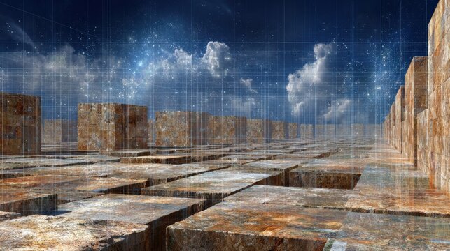 An ancient structure is placed in a large open area featuring a sky with clouds and stars, creating a contrast between old and new.