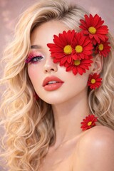 Fototapeta premium A striking beauty shot featuring a model adorned with red and yellow flowers.