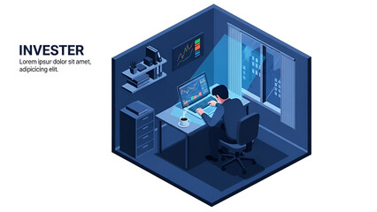 Investor analyzes market data impacting finance inside an isometric office during nighttime