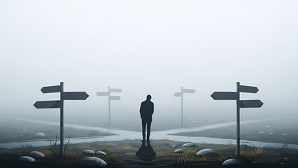 Man contemplates choice at foggy crossroads depicting uncertainty