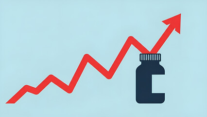 Medicine prices surge following demand increases as illustrated through a red graph and dark bottle on light blue.