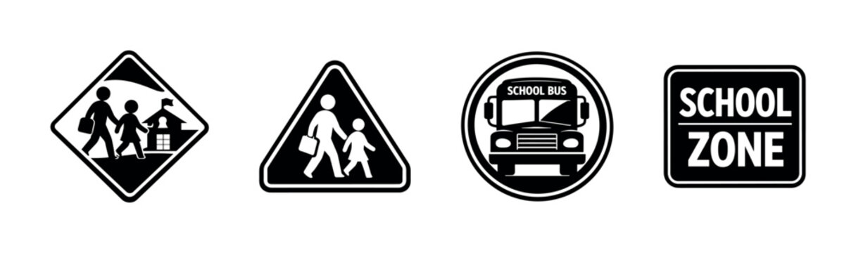 School zone safety vector icons set with traffic signs and symbols for education