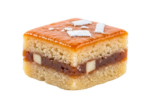 shortbread jam bar with orange glaze and almond bits