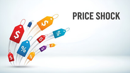 Price tags indicate increase within market causing economic shock on white background