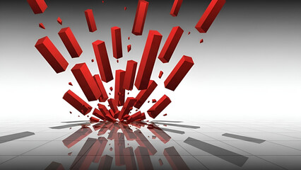 Red blocks plummet shattering surface symbolizing instability crisis affecting financial markets