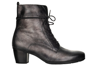 Profile view black leather womans boot