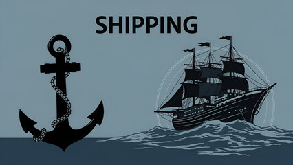 Shipping silhouette features nautical vessel sailing ocean amid maritime backdrop invoking trade themes