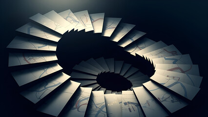 Spiral war maps ascend into darkness depicting geopolitical economic instability.