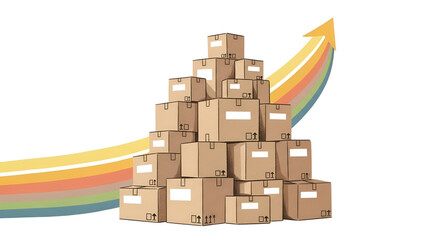 Stacked packages show rising trend on bright background signifying logistical growth