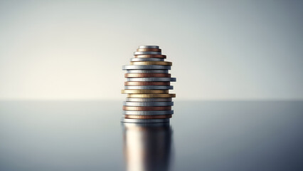 Stacked currency demonstrates economic instability near reflective surface suggesting volatility