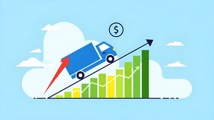 Truck climbs rising financial graph depicting escalating supply chain costs on blue background with clouds