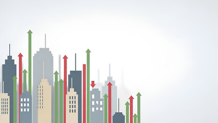 Urban economics indicators fluctuate among illustrated buildings showing financial market volatility on a clean background