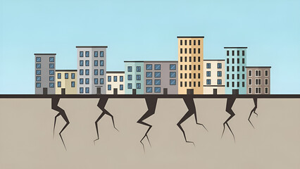Urban buildings show instability with foundational cracks representing geopolitical risk