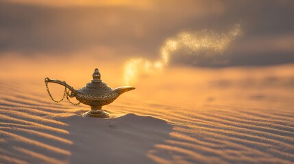 Enchanting desert wish lamp scene evokes magic golden light and a serene captivating fantasy landscape