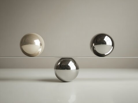 Symmetrical arrangement of metallic spheres balanced on a thin surface. Abstract metaphor for controlled systems, stability, predictability and structured decision making in business or organizational