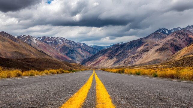 Scenic open road stretches through majestic mountain landscape under a dramatic sky showcasing natural beauty and adventure in remote wilderness - Powered by Adobe