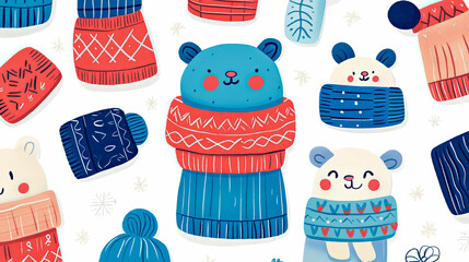 Cute seamless winter pattern featuring cartoon blue and white polar bears wearing cozy knit scarves and sweaters, surrounded by mugs, mittens, and warm knitted accessories.