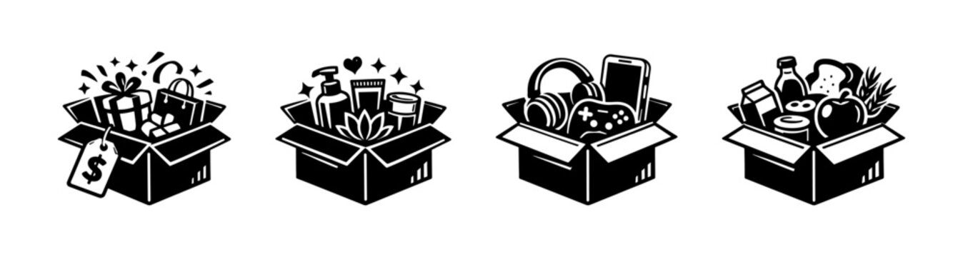 Vector icons set of gift boxes with products. outline style shopping and goods symbols