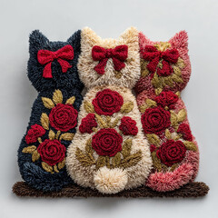 Three fluffy cats with bows and floral patterns sit side by side on a white background with colorful fur accents in latch-hook yarn style