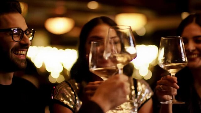 Young man with stylish glasses and woman in sparkling sequin top laughingly clink wine glasses in an upscale bar with warm bokeh lighting. Lively social celebration atmosphere