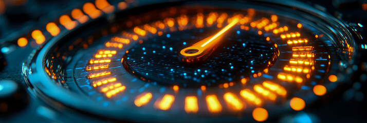 High-speed measurement concept showing futuristic digital dashboard indicator with bright orange glowing needle surrounded by electric blue data connections and performance metrics.
