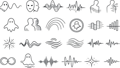 Image Generation. Line vector icons of echo-ghost perception: phantom wave outline, shifting echo mask, auditory mirage curve,