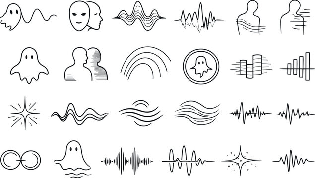  Line vector icons of echo-ghost perception: phantom wave outline, shifting echo mask, auditory mirage curve,