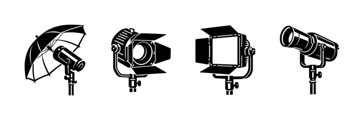 Studio lighting equipment vector icons set: spotlight, softbox, umbrella light