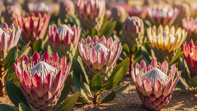 Protea Flowers Blooming in a Field, Close Up View